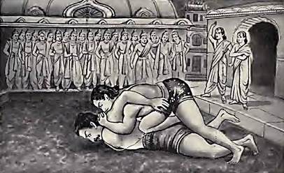 Mahabharata short summary - Killing of the evil Jarasandha by Bhima at the counsel of Sri Krishna. This picture has been taken from the Mahabharata translated into Hindi by Pandit Ramnarayana Dutt Shastri.