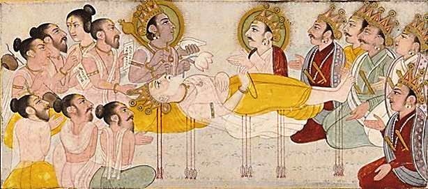 Mahabharata in brief - Bhishma lying on a bed of arrows shot by Arjuna in the Mahabharata War.