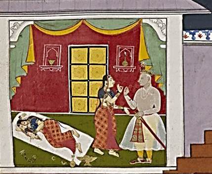 Abbreviated story of the Ramayana – A painting from the Mewar Ramayana showing Queen Kaikeyi asking King Dasharatha to banish Rama for 14 years. (Courtesy the British Library)