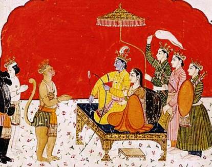 Ramayana Summary - Rama and Sita holding court.