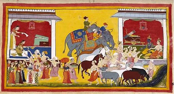 Story of the Ramayana in Brief – A painting from the Mewar Ramayana showing Rama, Sita and Lakshmana preparing for 14 years of exile.