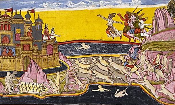 Story of Ramayana in brief – The vanars (“monkeys”) help Rama build a bridge across the sea to Lanka.