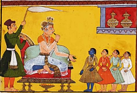 Short Ramayana Summary – A 17th century painting from the Mewar Ramayana (digitally preserved by the British Library) showing King Dasharatha sitting on the throne with his four sons standing before him.