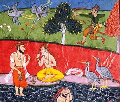 Abbreviated story of the Ramayana – Sage Valmiki is grief-stricken after he sees a hunter kill a dove. 
